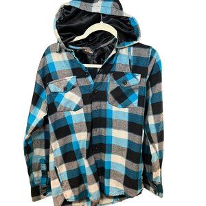 Amplify Plaid Button Down Hoodie Buttoned Flap Breast Pockets Blue Black Small